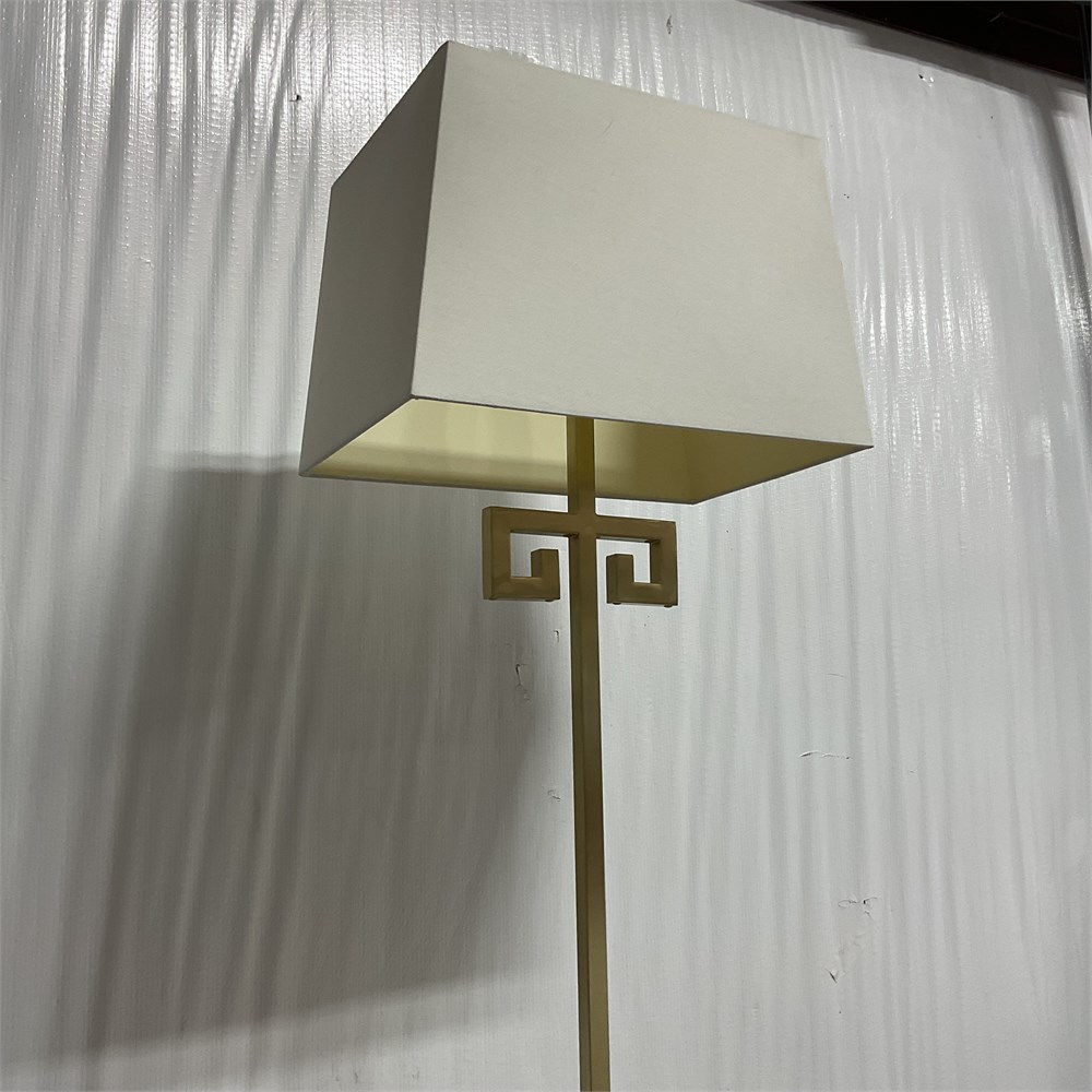 BuyOrBidOnIt - Modern Gold Tone Floor Lamp w/ Greek Key Design & Shade